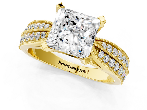 Yellow gold Princess Cut Moissanite   Solitaire Diamond Ring with Milgrain Pavé Band and Four-Prong Setting_35