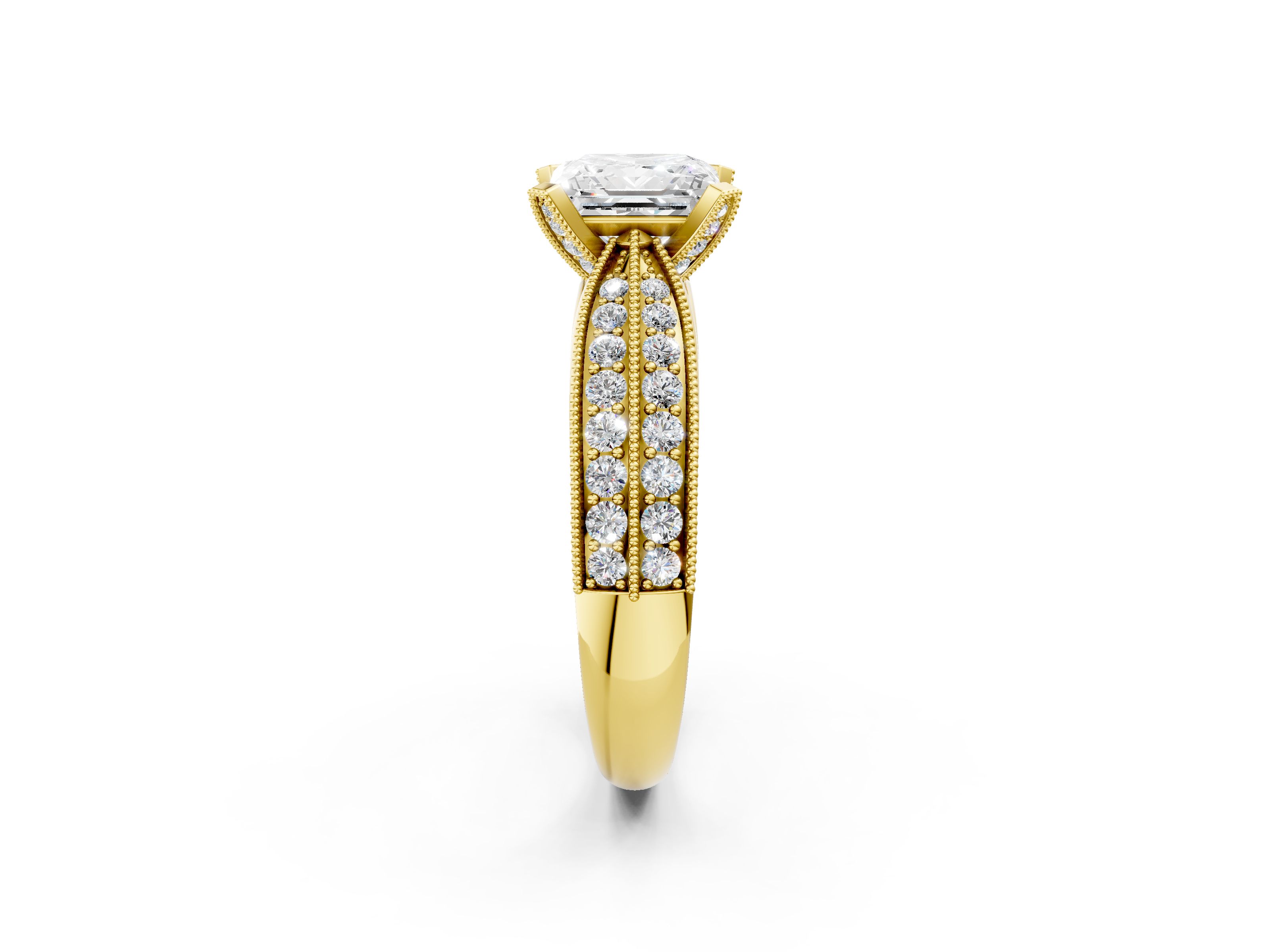 Yellow gold Princess Cut Moissanite   Solitaire Diamond Ring with Milgrain Pavé Band and Four-Prong Setting_36