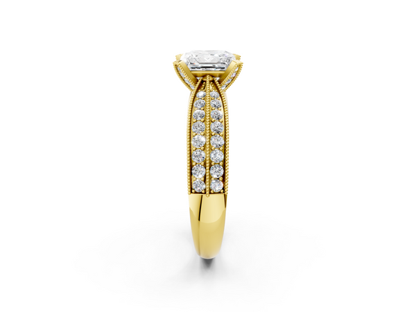 Yellow gold Princess Cut Moissanite   Solitaire Diamond Ring with Milgrain Pavé Band and Four-Prong Setting