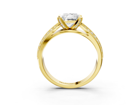 Yellow gold Princess Cut Moissanite   Solitaire Diamond Ring with Milgrain Pavé Band and Four-Prong Setting_37