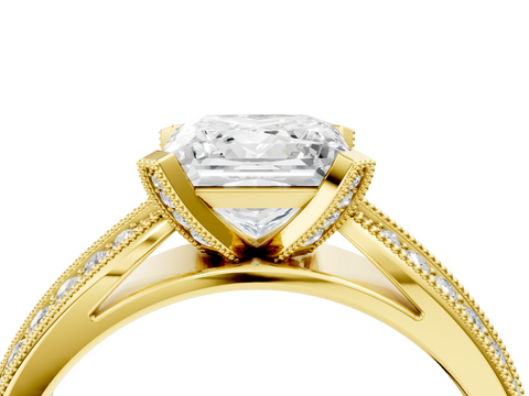 Yellow gold Princess Cut Moissanite   Solitaire Diamond Ring with Milgrain Pavé Band and Four-Prong Setting_38