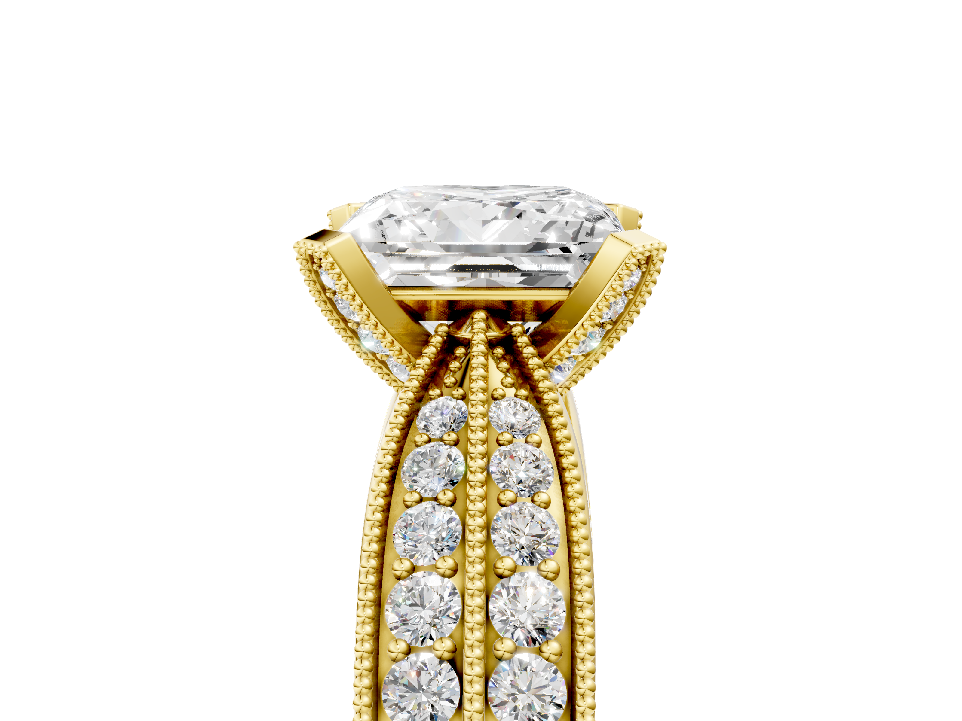 Yellow gold Princess Cut Moissanite   Solitaire Diamond Ring with Milgrain Pavé Band and Four-Prong Setting_39
