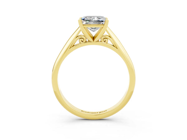 Yellow gold Princess Cut Moissanite Solitaire Engagement Ring with Cathedral Setting and Four-Prong Mount
