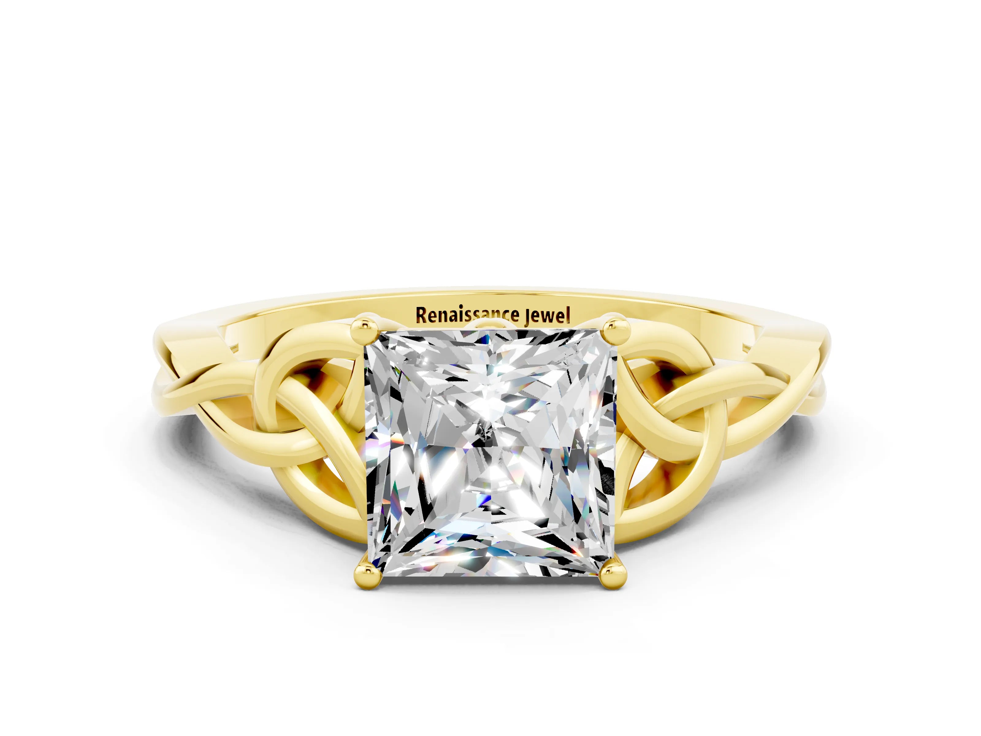 Yellow gold Princess Cut Moissanite Solitaire Engagement Ring with Celtic Knot Band and Four-Prong Setting