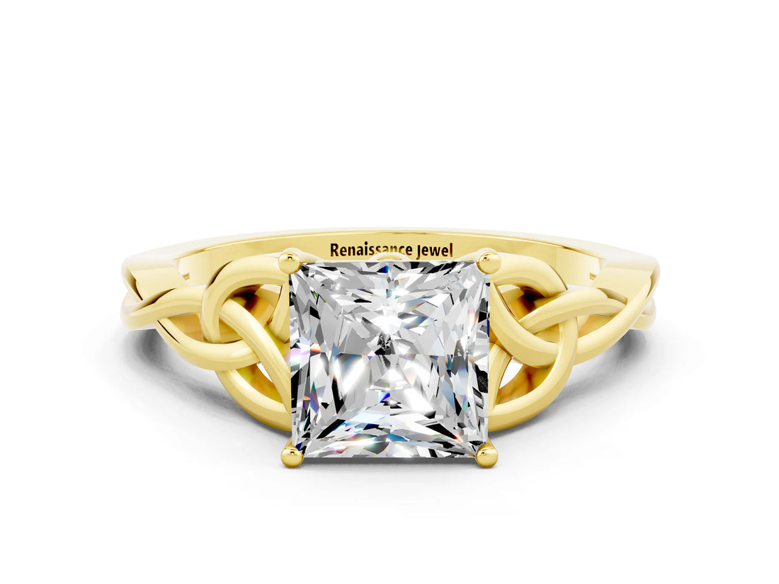 Yellow gold Princess Cut Moissanite Solitaire Engagement Ring with Celtic Knot Band and Four-Prong Setting