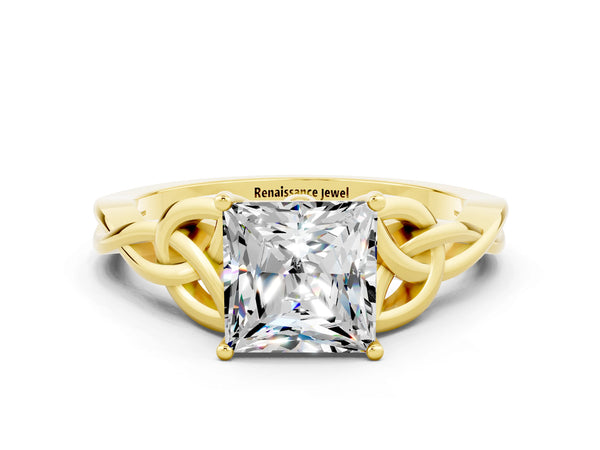 Yellow gold Princess Cut Moissanite Solitaire Engagement Ring with Celtic Knot Band and Four-Prong Setting