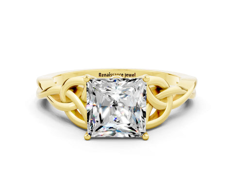 Yellow gold Princess Cut Moissanite Solitaire Engagement Ring with Celtic Knot Band and Four-Prong Setting