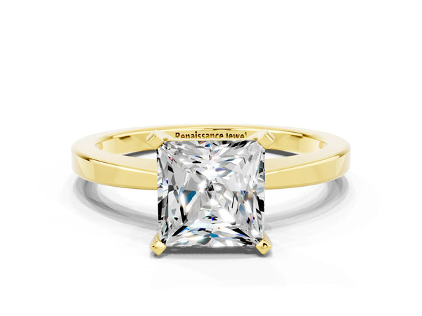 Yellow gold Princess Cut Moissanite Solitaire Engagement Ring with Classic Band and Four-Prong Setting