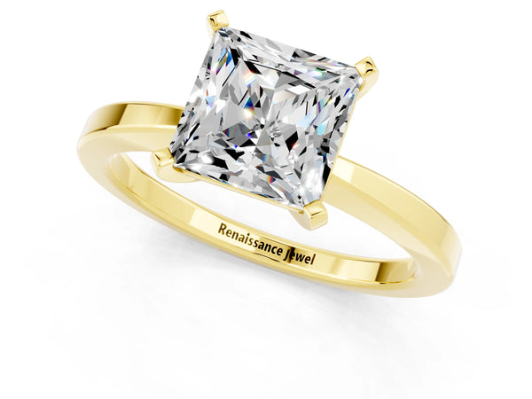 Yellow gold Princess Cut Moissanite Solitaire Engagement Ring with Classic Band and Four-Prong Setting