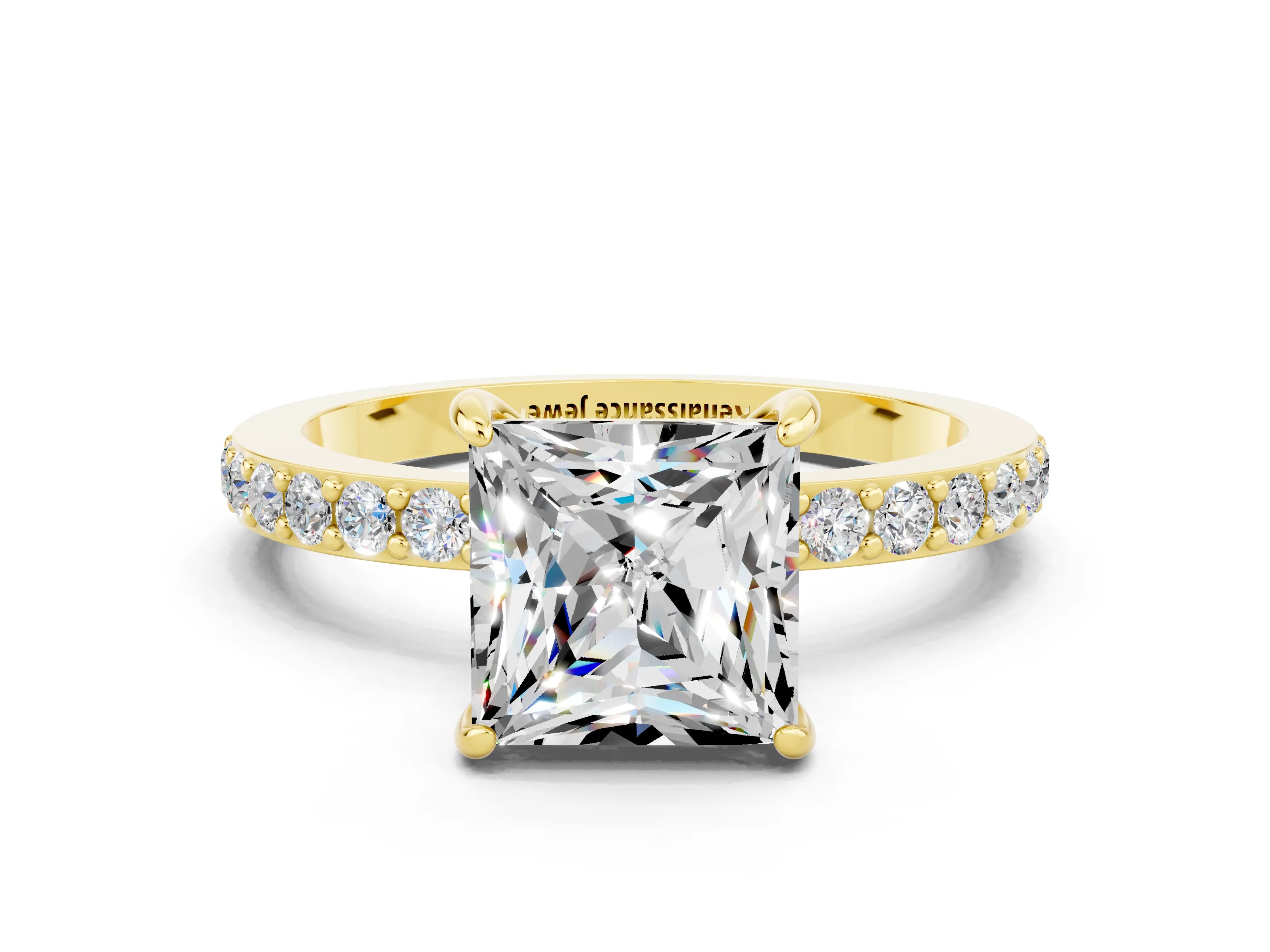 Yellow gold Princess Cut Moissanite Solitaire Engagement Ring with Pavé Band and Four-Prong Setting
