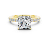 Yellow gold Princess Cut Moissanite Solitaire Engagement Ring with Pavé Band and Four-Prong Setting