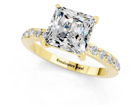 Yellow gold Princess Cut Moissanite Solitaire Engagement Ring with Pavé Band and Four-Prong Setting_1