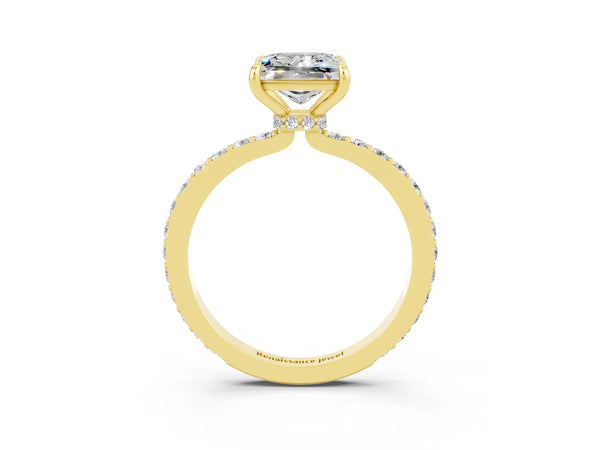 Yellow gold Princess Cut Moissanite Solitaire Engagement Ring with Pavé Band and Four-Prong Setting
