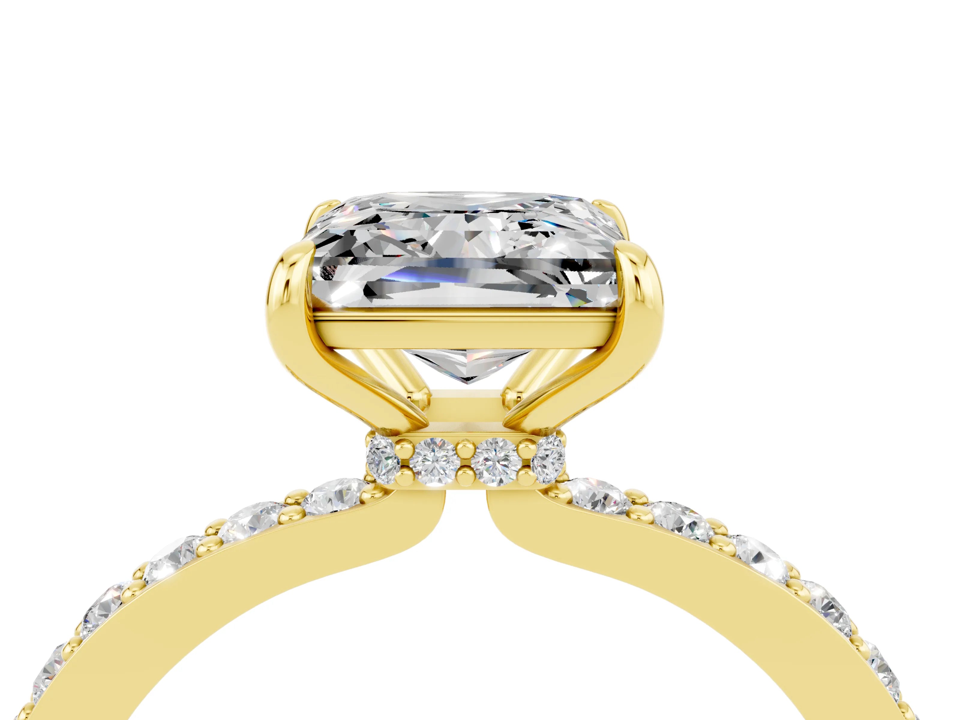 Yellow gold Princess Cut Moissanite Solitaire Engagement Ring with Pavé Band and Four-Prong Setting_4