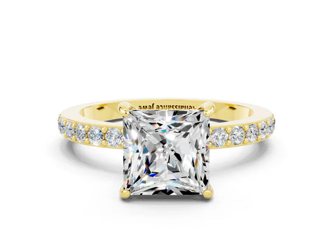 Yellow gold Princess Cut Moissanite Solitaire Engagement Ring with Pavé Band and Four-Prong Setting