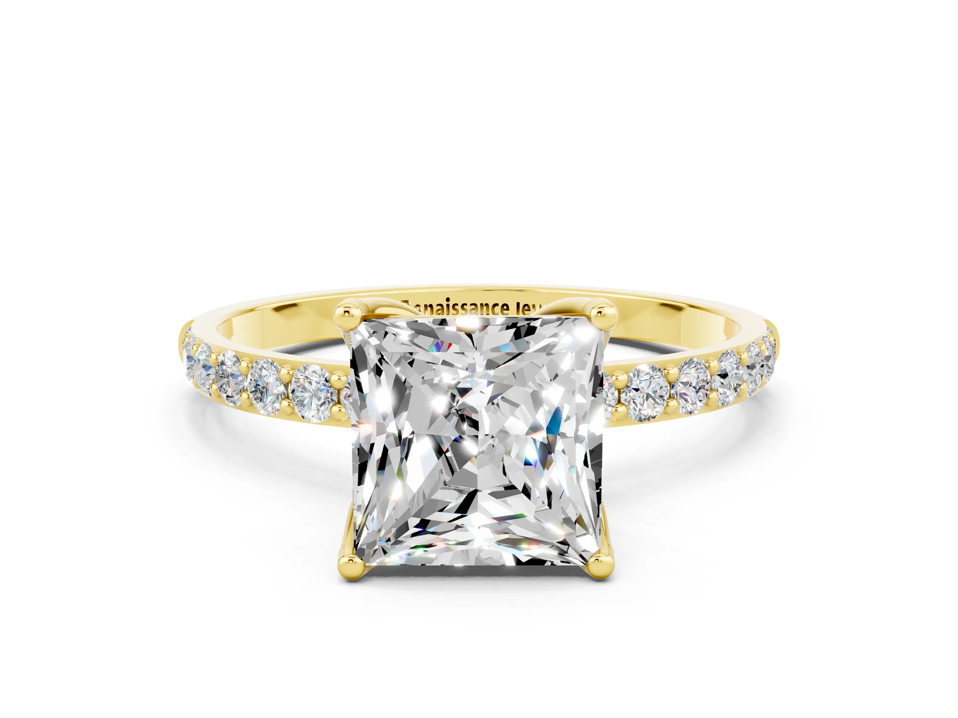 Yellow gold Princess Cut Moissanite Solitaire Engagement Ring with Pavé Band and Prong Setting