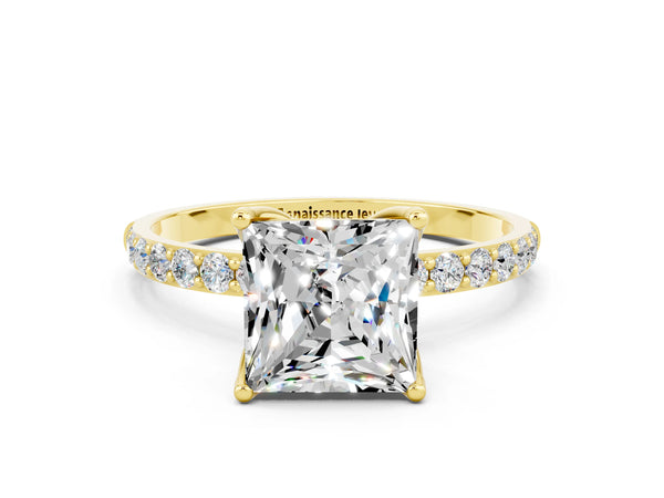 Yellow gold Princess Cut Moissanite Solitaire Engagement Ring with Round  Pavé Band and Prong Setting