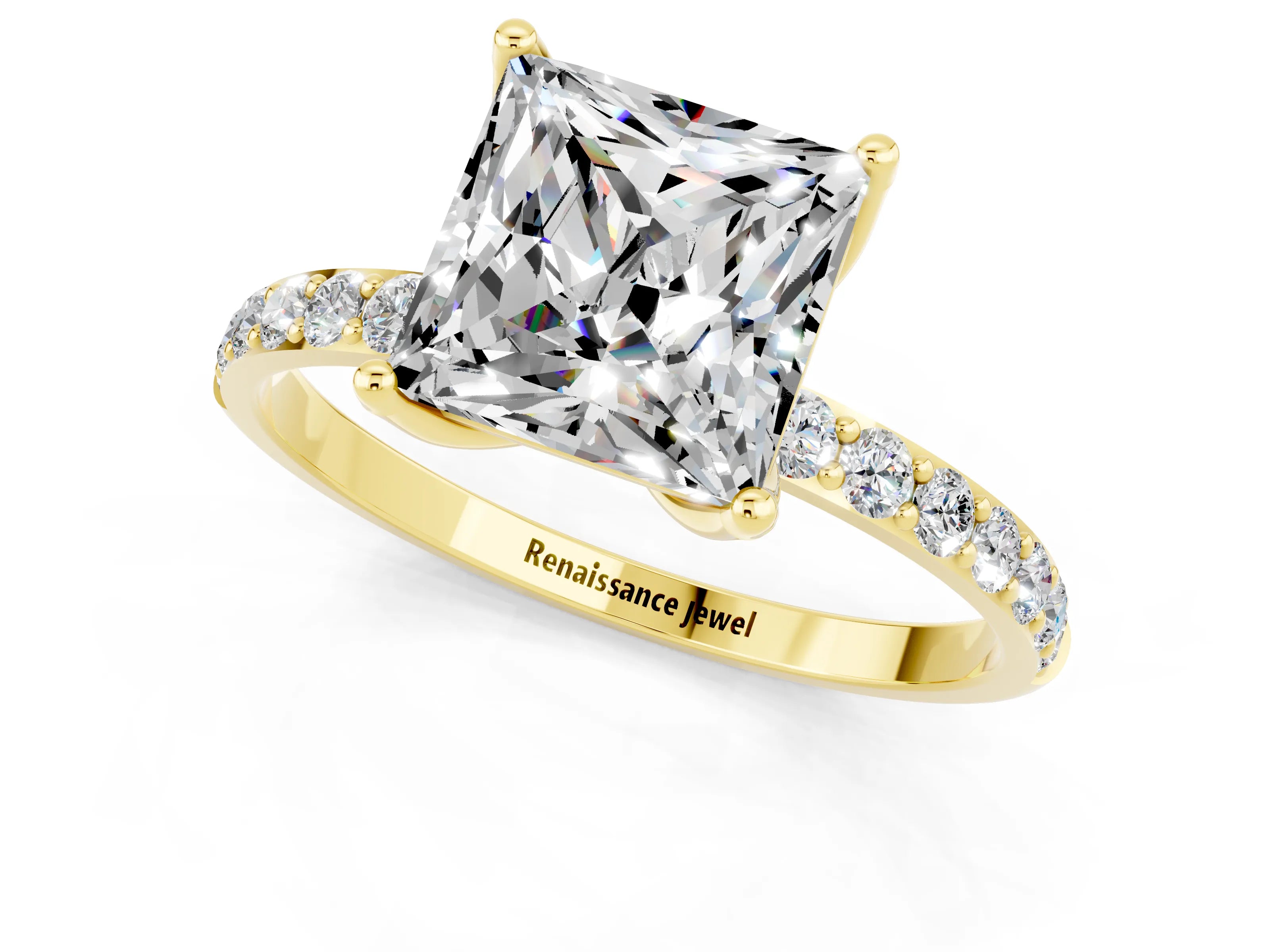 Yellow gold Princess Cut Moissanite Solitaire Engagement Ring with Pavé Band and Prong Setting_1