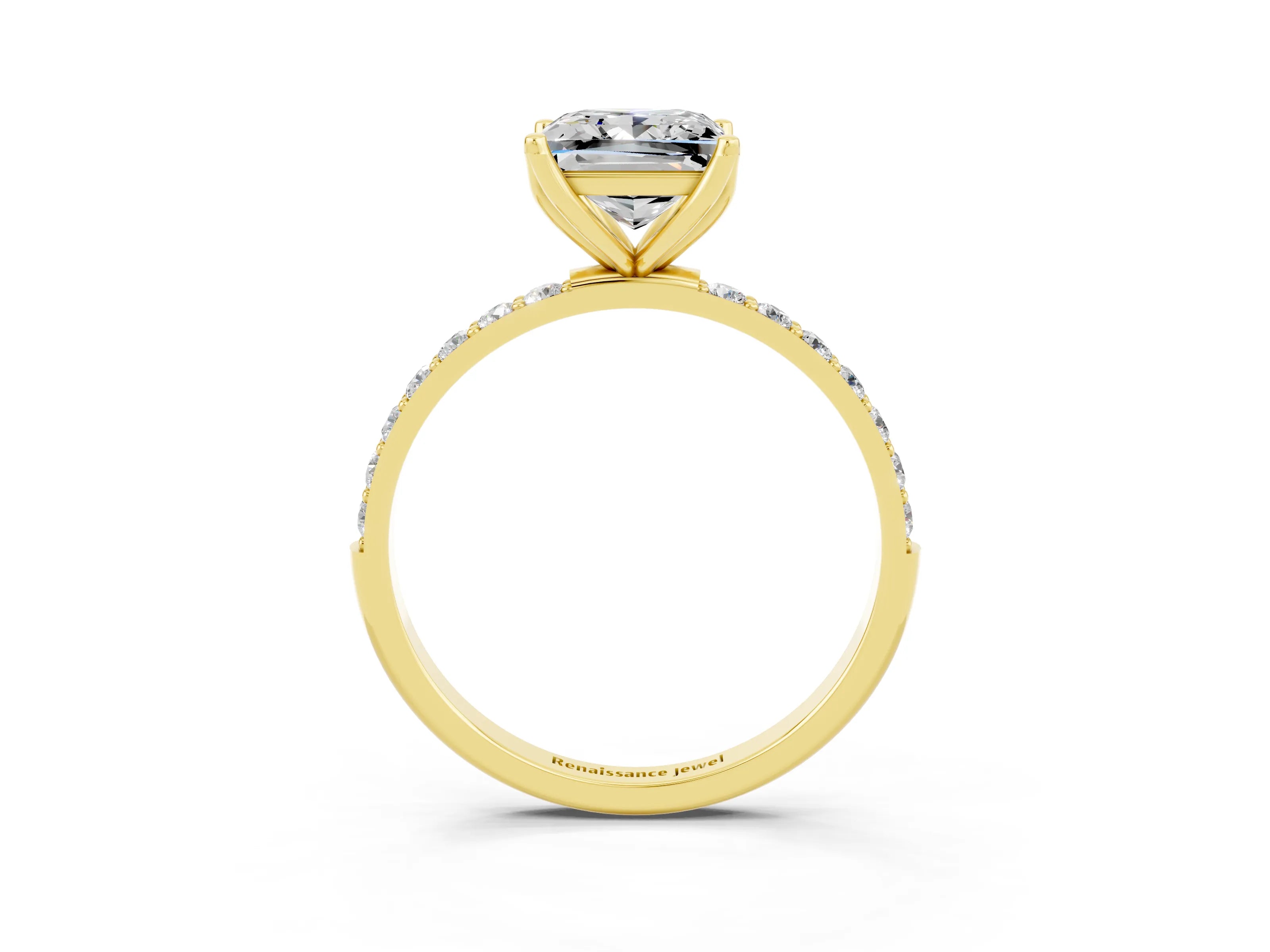 Yellow gold Princess Cut Moissanite Solitaire Engagement Ring with Pavé Band and Prong Setting_3