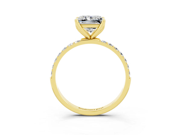 Yellow gold Princess Cut Moissanite Solitaire Engagement Ring with Round  Pavé Band and Prong Setting