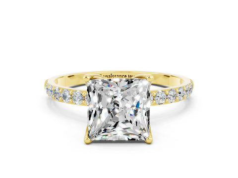 Yellow gold Princess Cut Moissanite Solitaire Engagement Ring with Pavé Band and Prong Setting