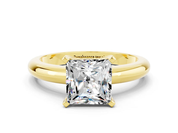 Yellow gold Princess Cut Moissanite Solitaire Engagement Ring with Round Band and Four-Prong Setting