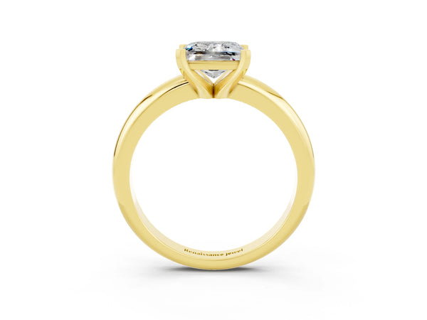 Yellow gold Princess Cut Moissanite Solitaire Engagement Ring with Round Band and Four-Prong Setting