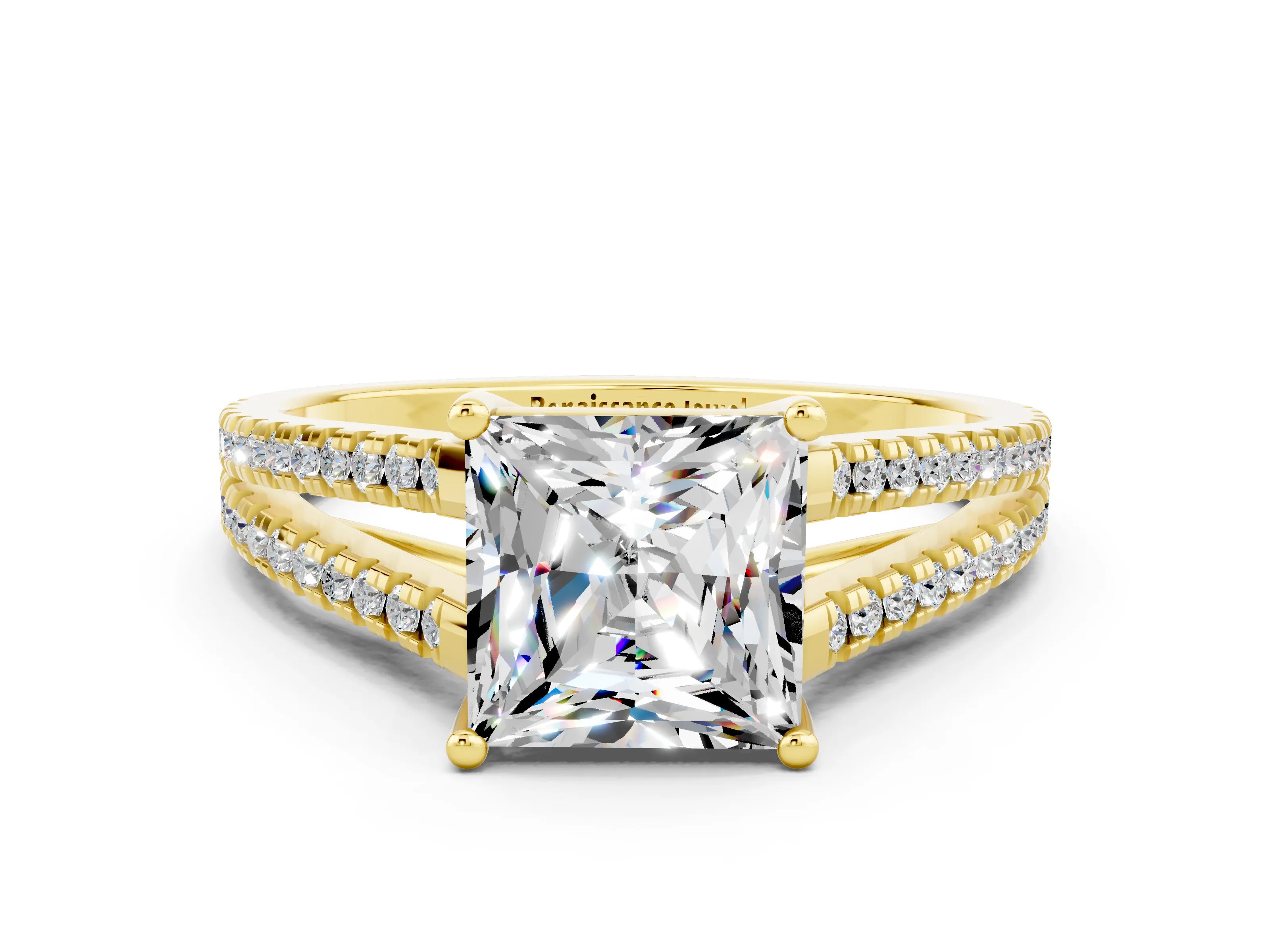 Yellow gold Princess Cut Moissanite Solitaire Engagement Ring with Split Shank Pavé Band
