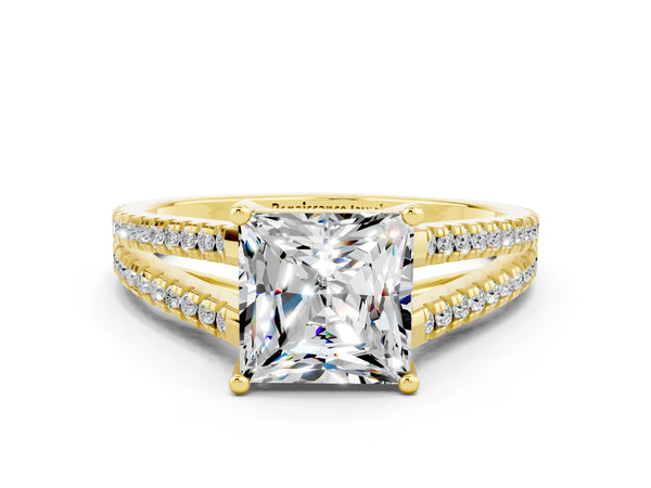 Yellow gold Princess Cut Moissanite Solitaire Engagement Ring with Split Shank Pavé Band