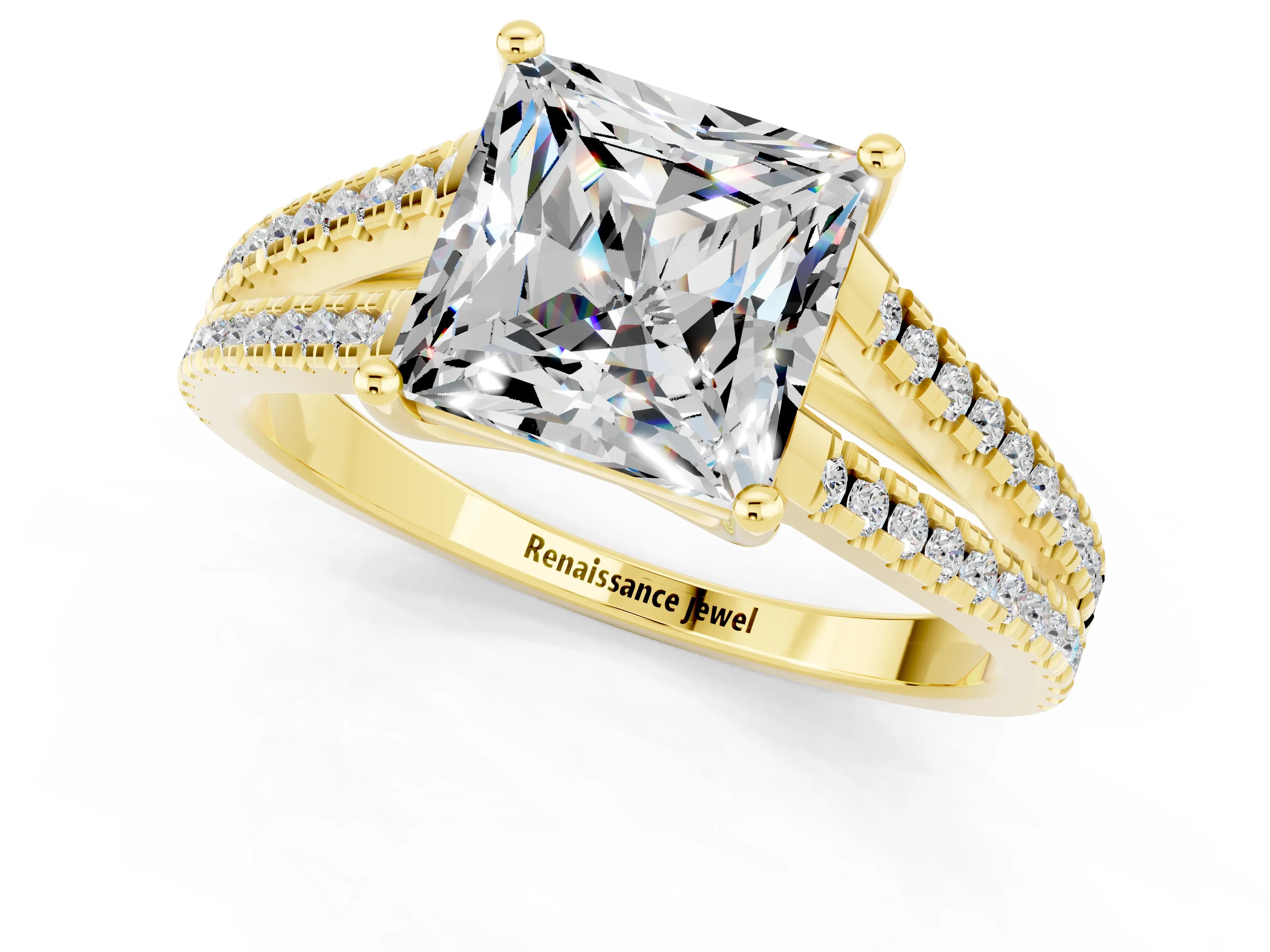 Yellow gold Princess Cut Moissanite Solitaire Engagement Ring with Split Shank Pavé Band_1