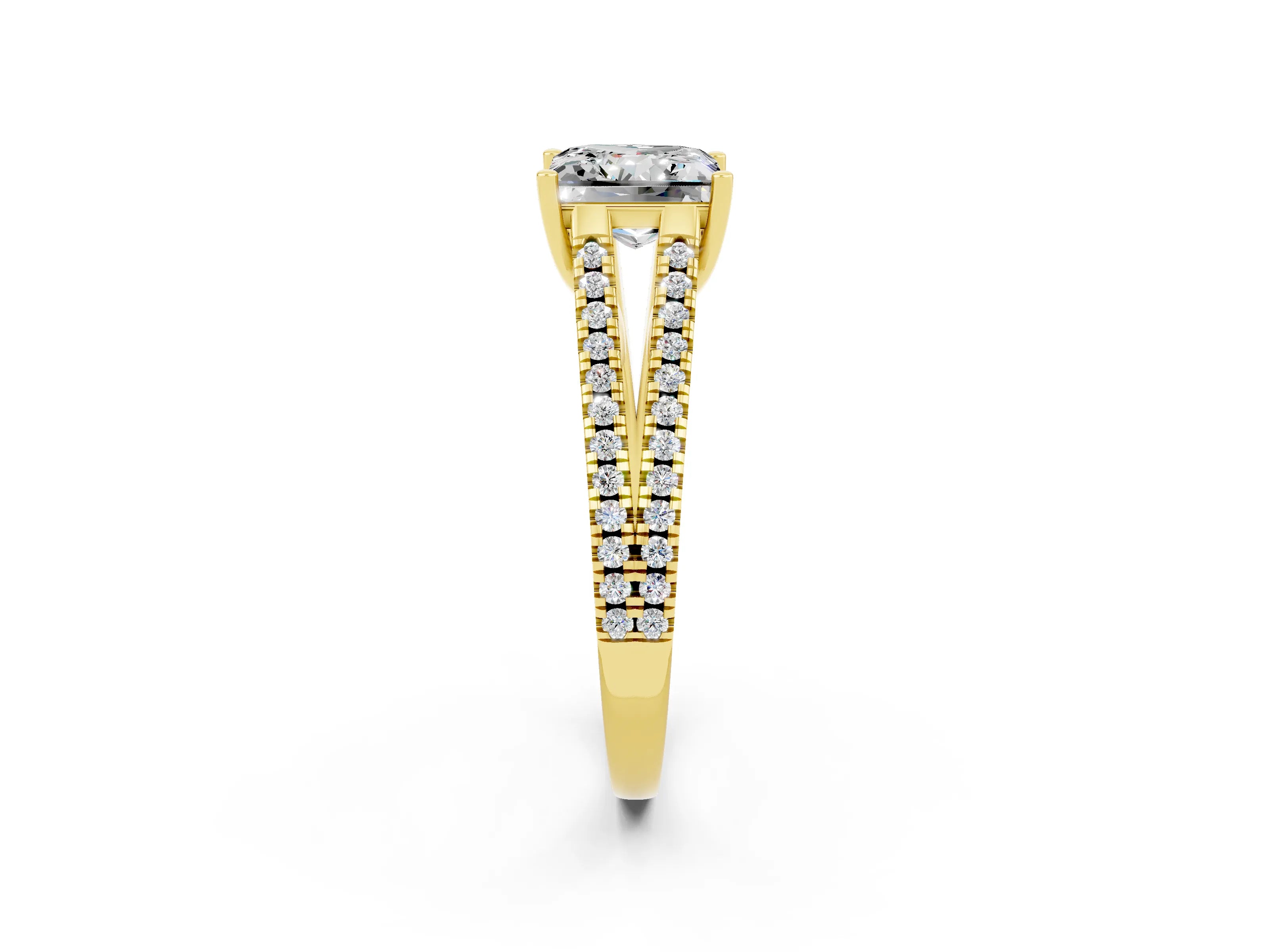 Yellow gold Princess Cut Moissanite Solitaire Engagement Ring with Split Shank Pavé Band_2