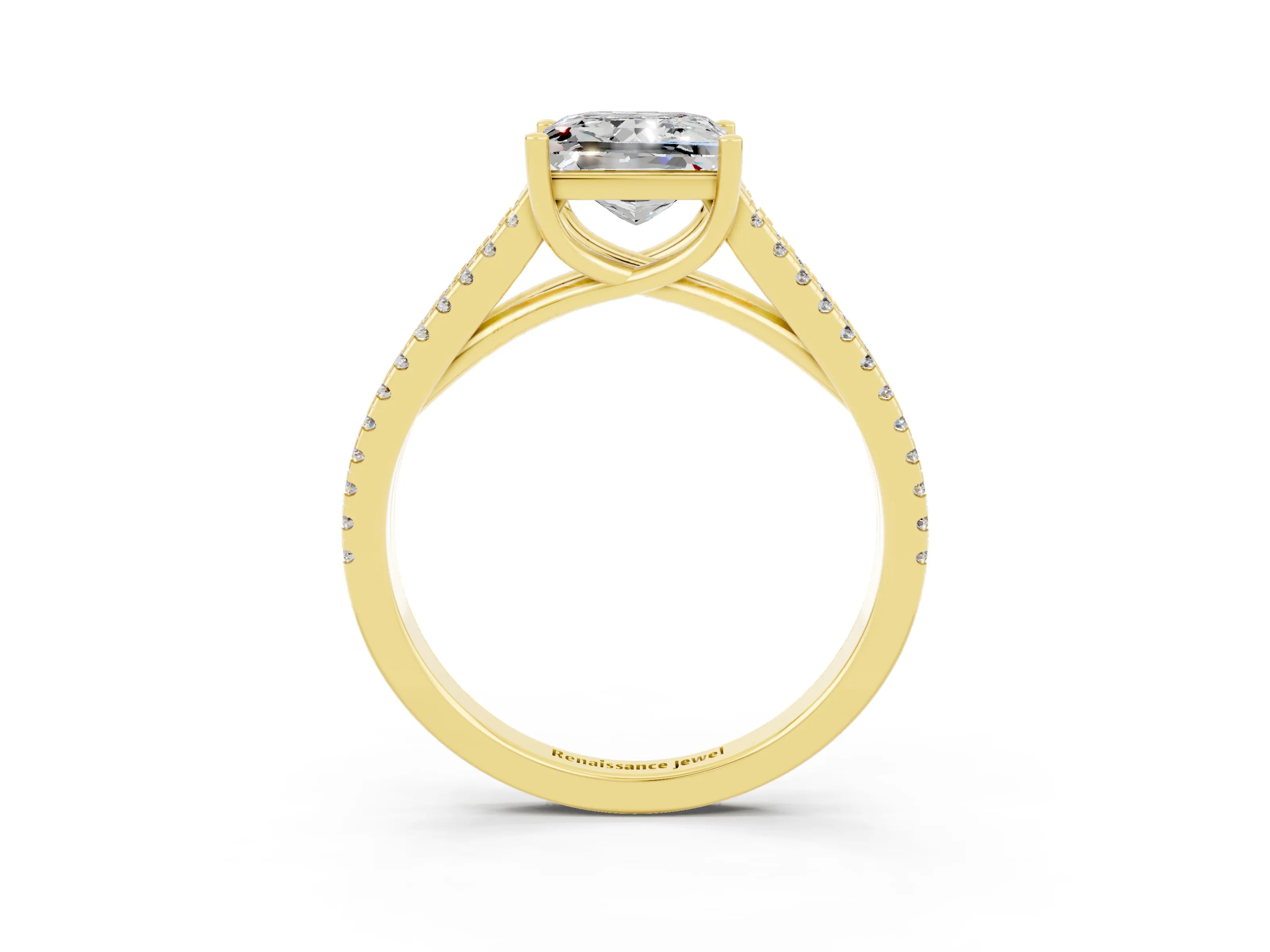 Yellow gold Princess Cut Moissanite Solitaire Engagement Ring with Split Shank Pavé Band_3