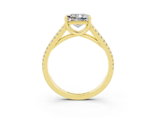Yellow gold Princess Cut Moissanite Solitaire Engagement Ring with Split Shank Pavé Band