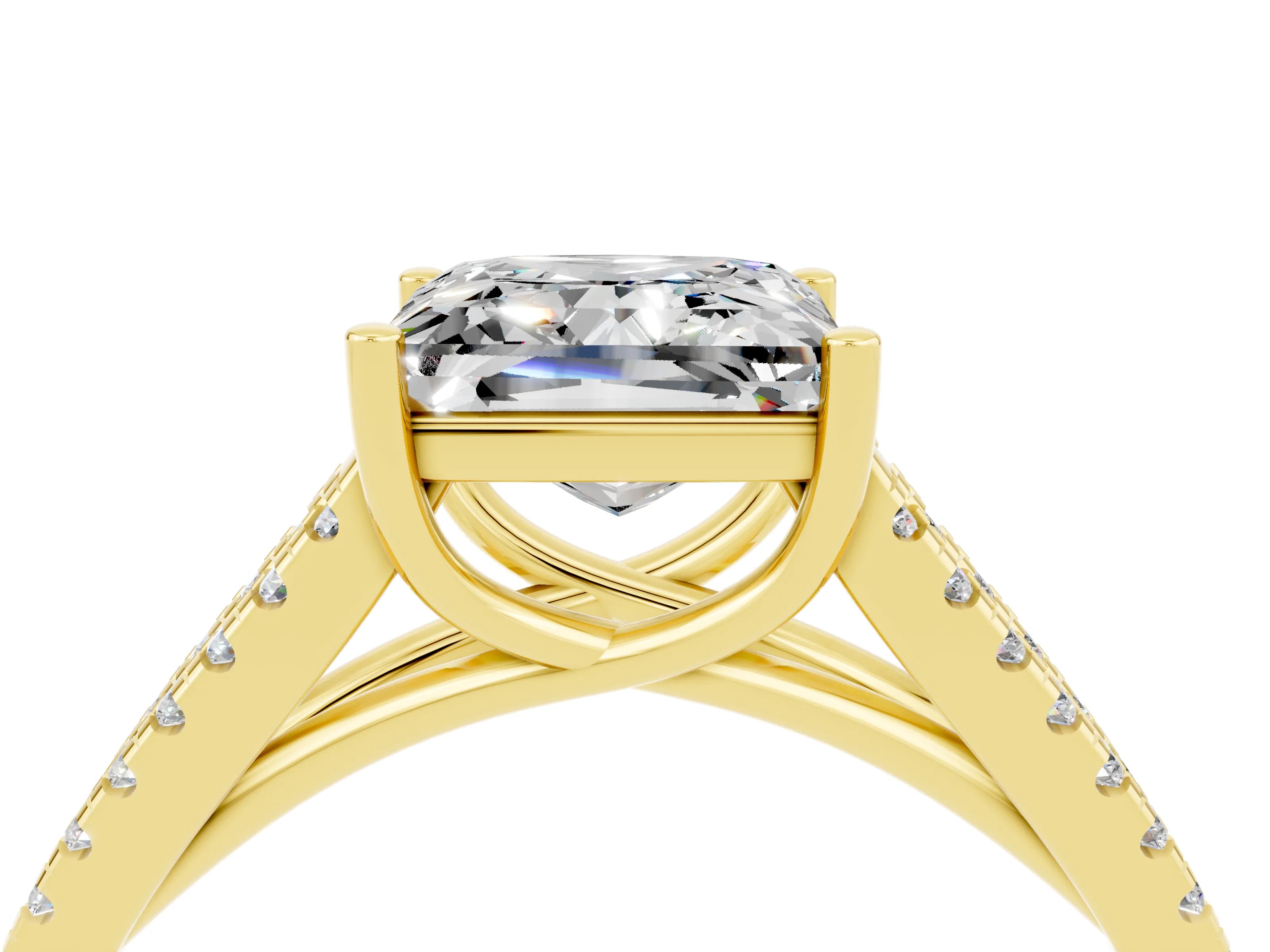 Yellow gold Princess Cut Moissanite Solitaire Engagement Ring with Split Shank Pavé Band_4