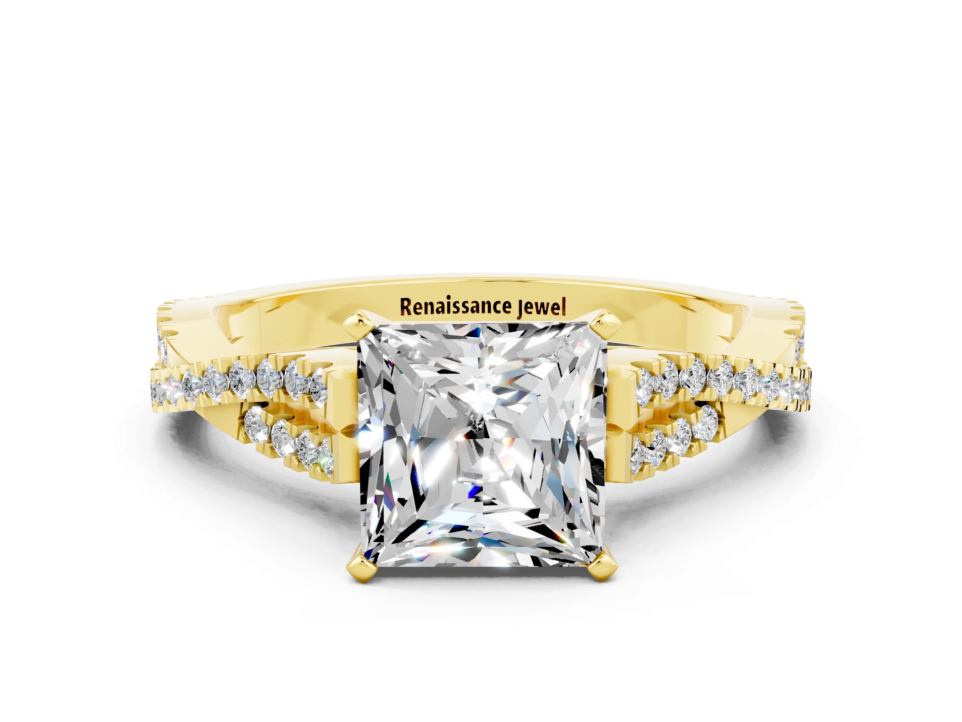Yellow gold Princess Cut Moissanite Solitaire Engagement Ring with Twisted Pavé Band and Four-Prong Setting_12