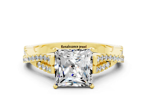 Yellow gold Princess Cut Moissanite Solitaire Engagement Ring with Twisted Pavé Band and Four-Prong Setting_12