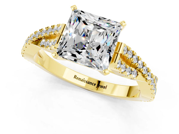 Yellow gold Princess Cut Moissanite Solitaire Engagement Ring with Twisted Pavé Band and Four-Prong Setting
