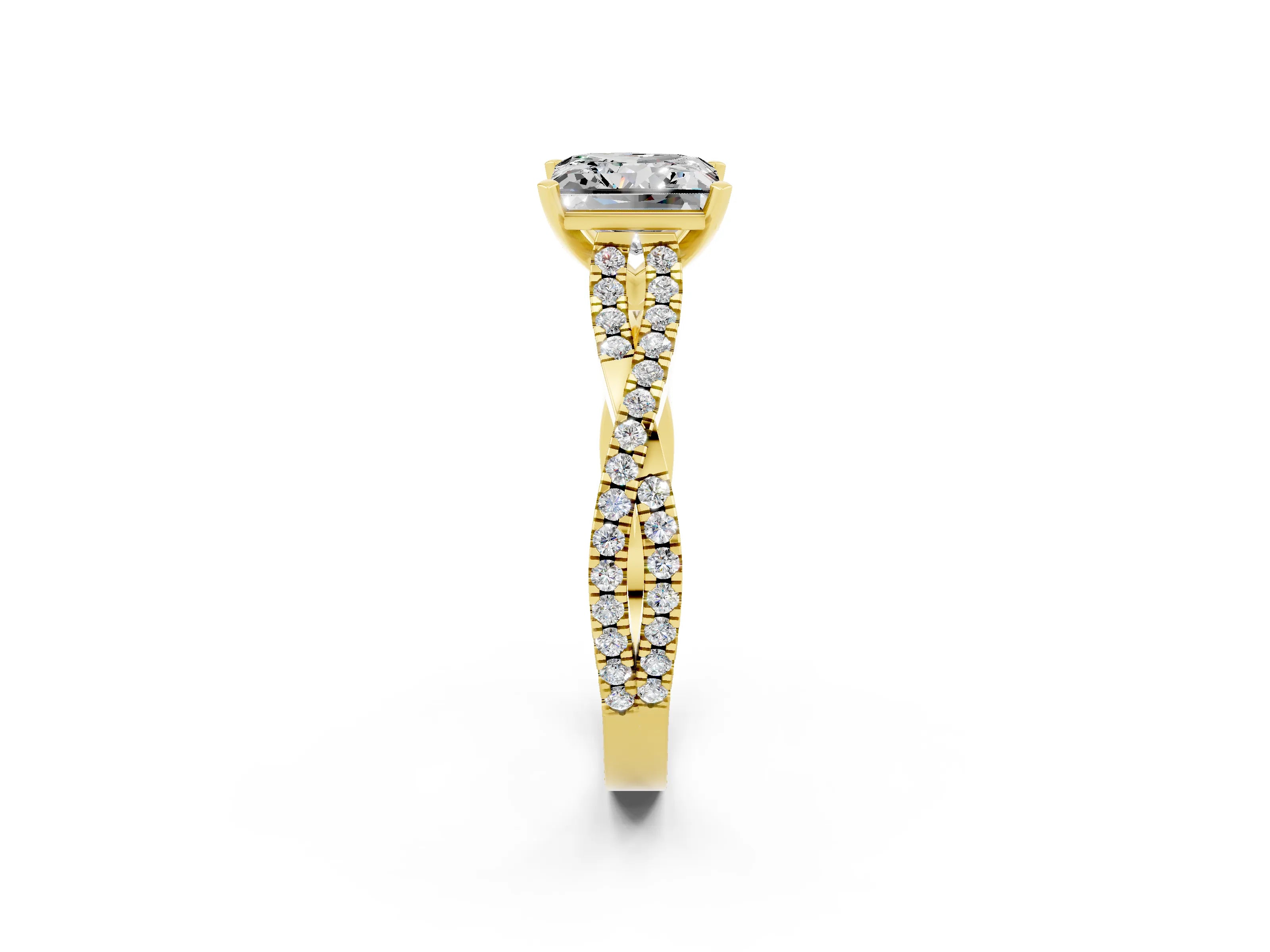Yellow gold Princess Cut Moissanite Solitaire Engagement Ring with Twisted Pavé Band and Four-Prong Setting_14