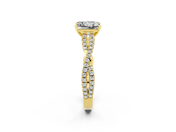Yellow gold Princess Cut Moissanite Solitaire Engagement Ring with Twisted Pavé Band and Four-Prong Setting