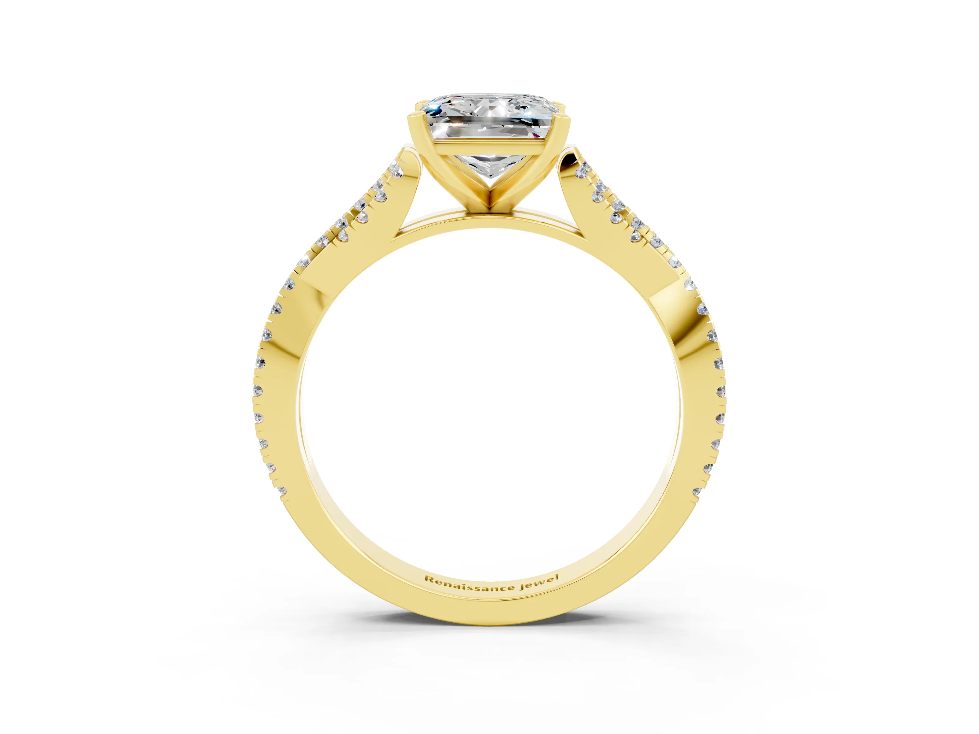 Yellow gold Princess Cut Moissanite Solitaire Engagement Ring with Twisted Pavé Band and Four-Prong Setting_15