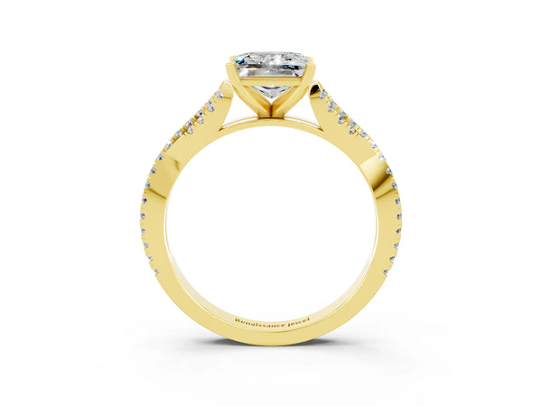 Yellow gold Princess Cut Moissanite Solitaire Engagement Ring with Twisted Pavé Band and Four-Prong Setting