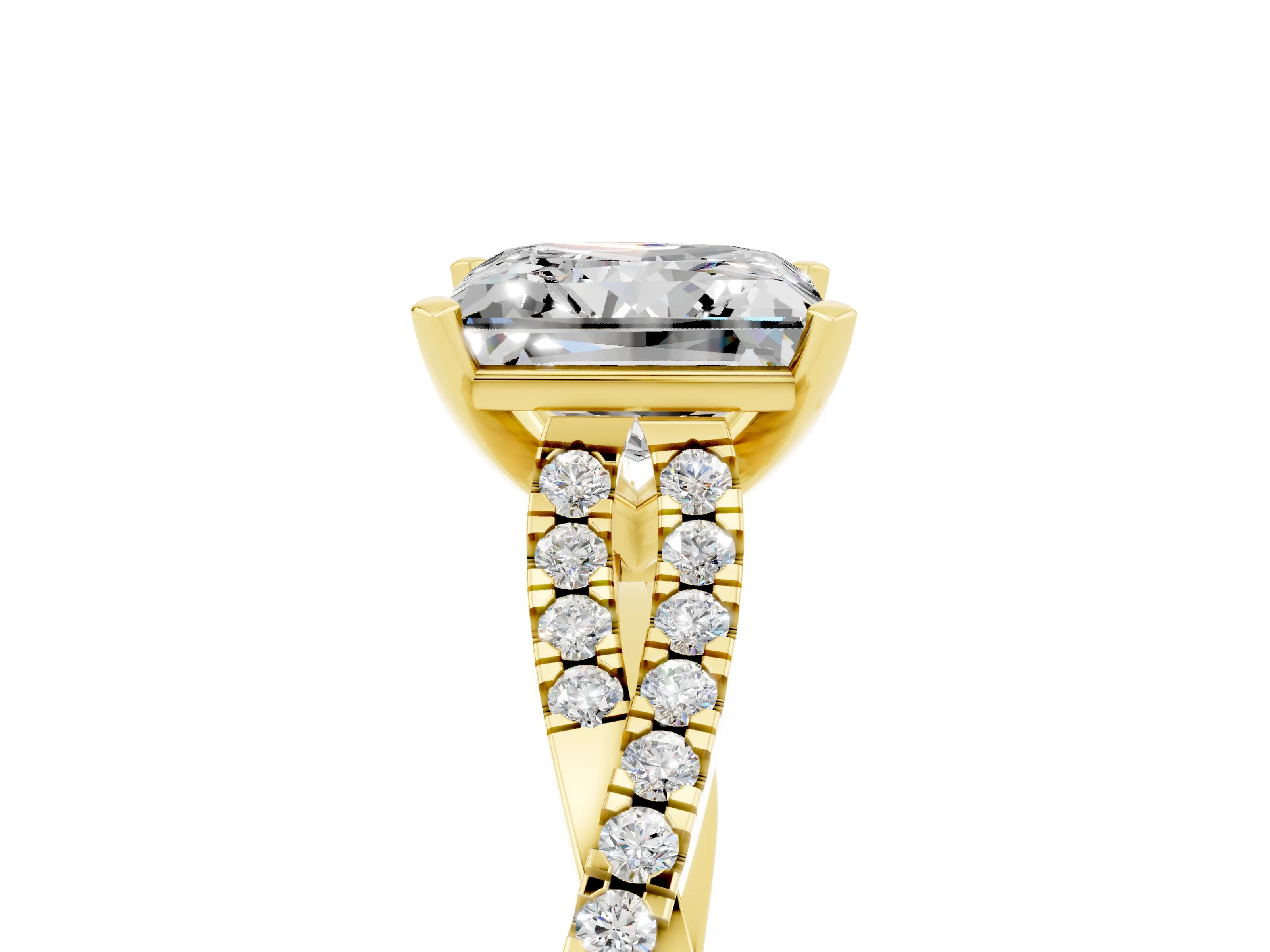 Yellow gold Princess Cut Moissanite Solitaire Engagement Ring with Twisted Pavé Band and Four-Prong Setting_17