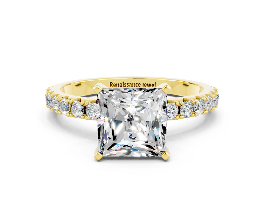 Yellow gold Princess Cut Moissanite Solitaire Pavé Band with Four-Prong Setting