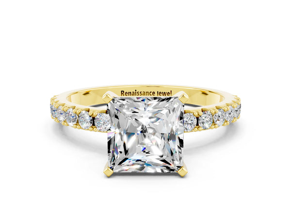 Yellow gold Princess Cut Moissanite Solitaire Pavé Band with Four-Prong Setting
