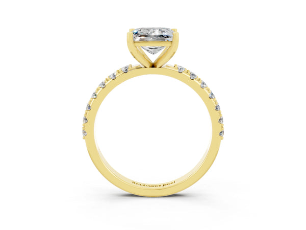 Yellow gold Princess Cut Moissanite Solitaire Pavé Band with Four-Prong Setting