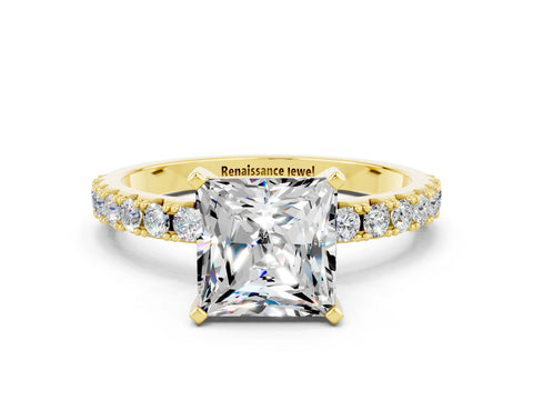 Yellow gold Princess Cut Moissanite Solitaire Pavé Band with Four-Prong Setting