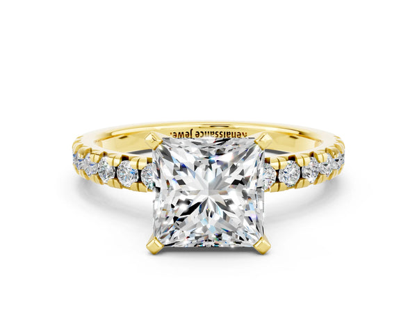 Yellow gold Princess Cut Moissanite Solitaire Pavé Engagement Ring with Round Band and Prong Setting