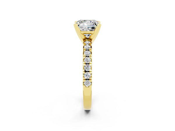 Yellow gold Princess Cut Moissanite Solitaire Pavé Engagement Ring with Round Band and Prong Setting