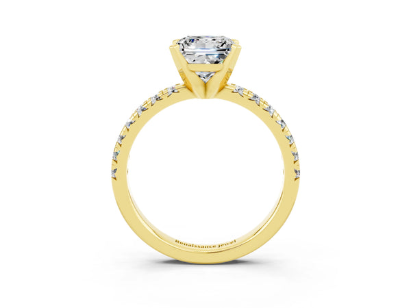 Yellow gold Princess Cut Moissanite Solitaire Pavé Engagement Ring with Round Band and Prong Setting