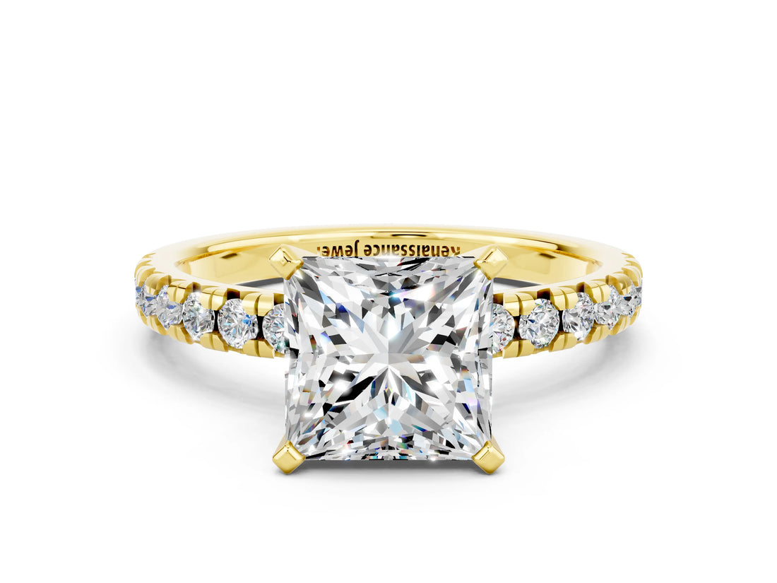 Yellow gold Princess Cut Moissanite Solitaire Pavé Engagement Ring with Round Band and Prong Setting_74